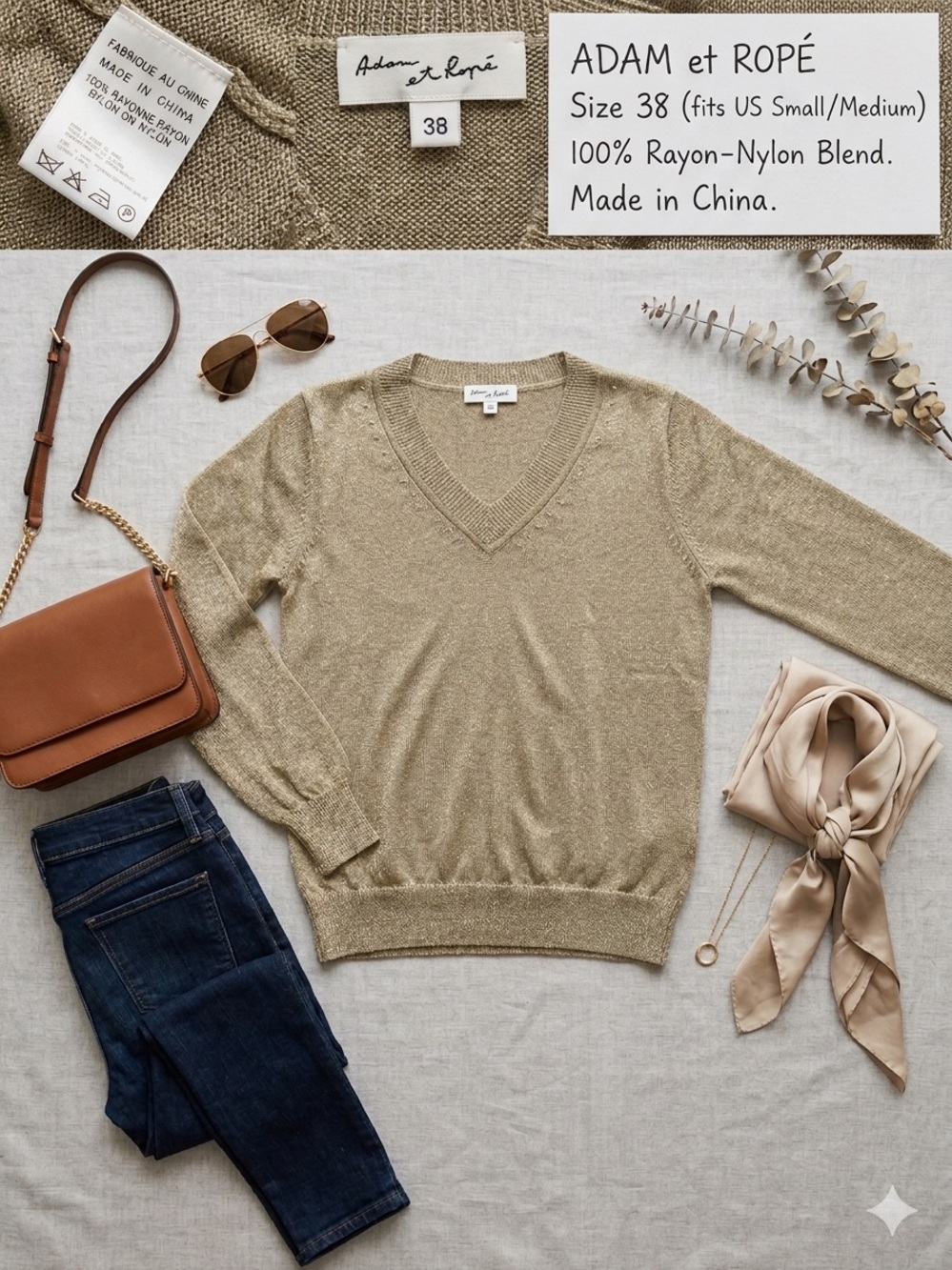 Adam et Rope Japanese Metallic Gold V-Neck Women's Sweater